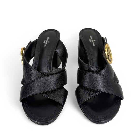 NEW LOUIS VUITTON LV Logo Black Leather Block Heel Sandals Mules IT36 - Picture 7 of 13